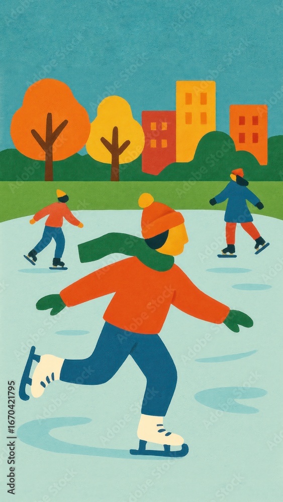 Fototapeta premium Colorful winter ice skating scene.