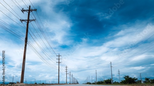 Electricity transmission lines and utility poles against a blue sky