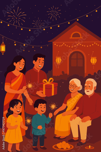 Family celebrating Diwali and exchanging gifts