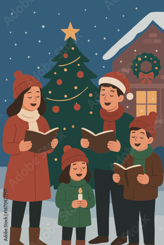 Group of family members singing Christmas carols outdoors by the tree.