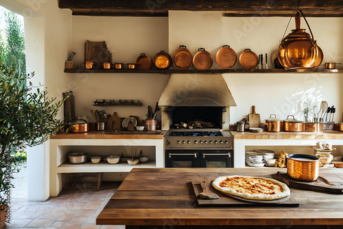 A rustic Italian kitchen with a wood-fired pizza oven and copper pots.