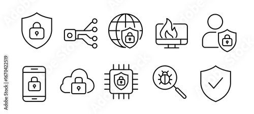 Cybersecurity and Data Protection Vector Line Icons Set