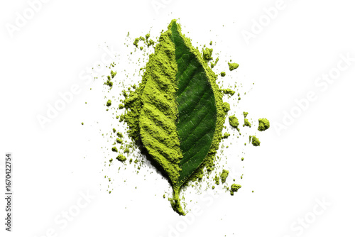 Vibrant green matcha leaf powder explosion isolated on transparent background