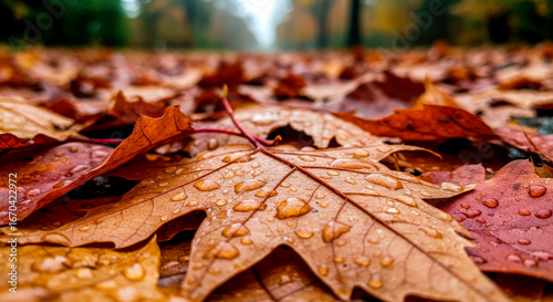 Macro shot of wet fallen autumn leaves with raindrops, creating a vibrant, detailed carpet of nature on the ground.