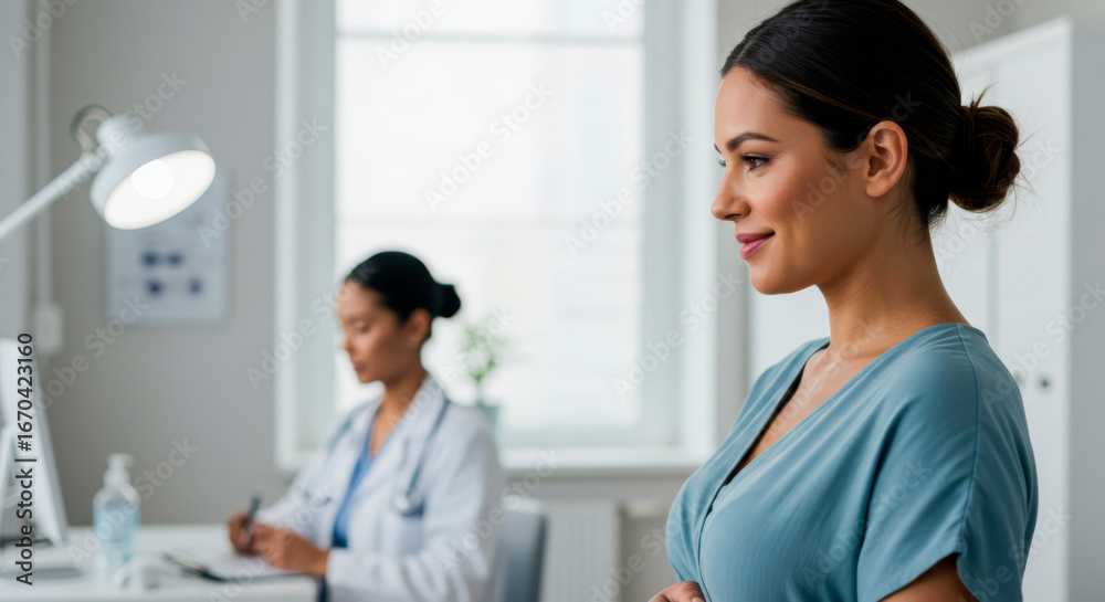 Fototapeta premium Profile of a confident and content young woman in a medical office, with a doctor working in the blurred background.
