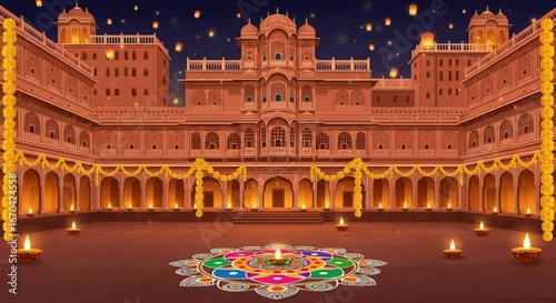 A grand Indian palace illuminated at night for a festival with a colorful rangoli and floating sky lanterns.