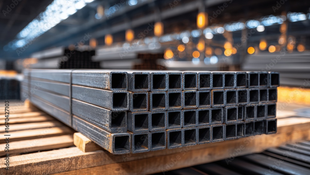 Naklejka premium Stacked square metal beams in a warehouse