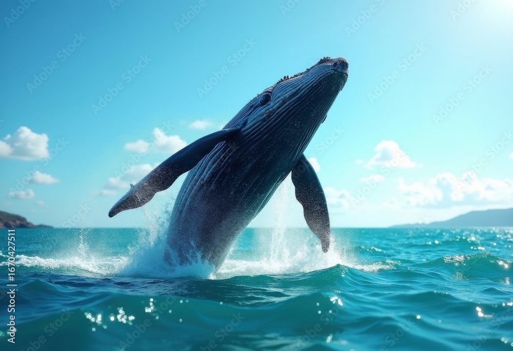 Obraz premium majestic humpback whale breaching energetically through sparkling turquoise ocean waves under a bright blue sky dotted with fluffy clouds near a distant coastline, vista, landscape, outdoors, scene