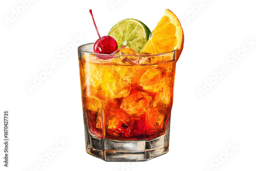 colorful cocktail with cherry lime orange garnish in tumbler glass isolated transparent background