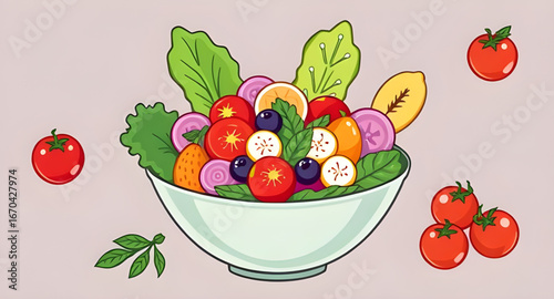 salad illustration, healthy food cartoon, vegetable salad drawing, fresh salad bowl, salad clipart, cartoon salad vector, lettuce bowl cartoon, tomato salad illustration, cucumber salad drawing, mixed