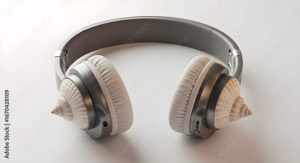 Naklejka premium Surreal conceptual photo of headphones with seashells as ear cups, symbolizing nature, music and imagination.