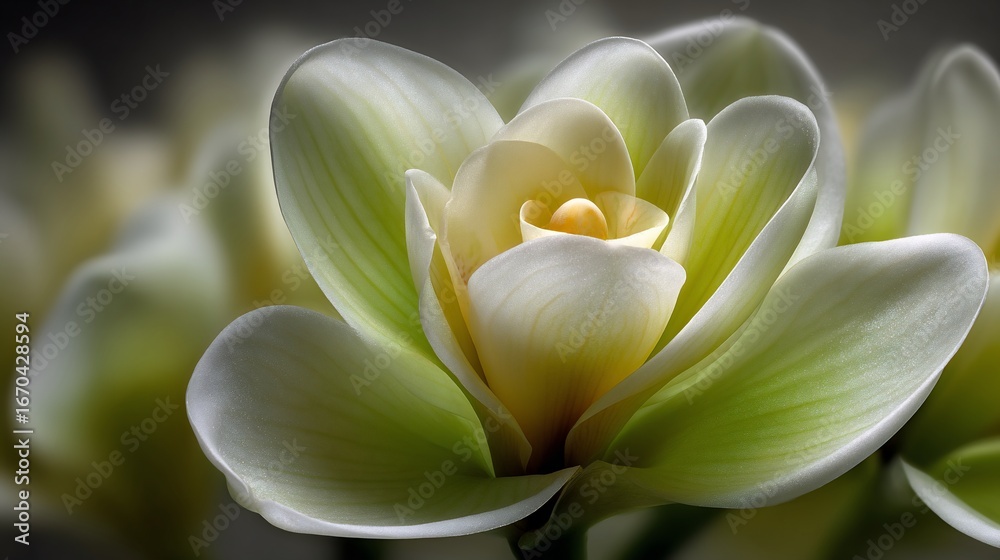 Fototapeta premium Close-up of a blossom with soft, light petals arranged in a spiral, with a blurred background