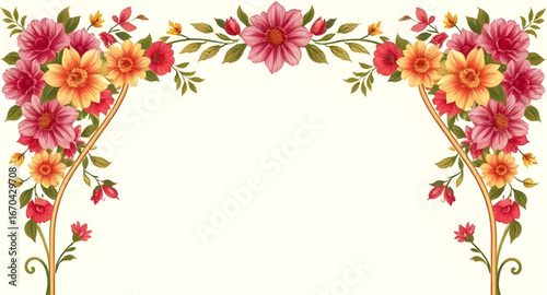 arch, flowers, vector, illustration, floral, frame, decorative, bouquet, design, botanical, wreath, arrangement, petals, leaves, garden, romantic, elegant, wedding, celebration, ornament, nature, beau