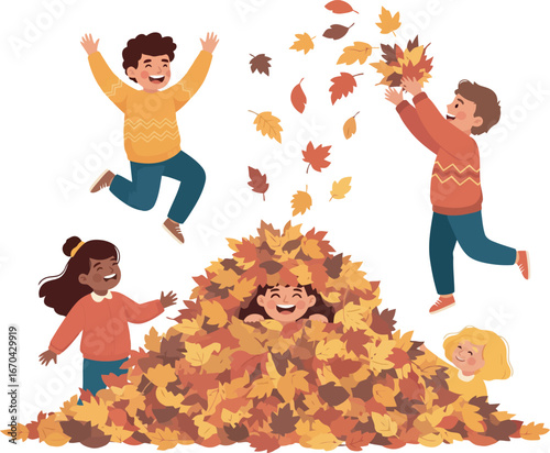 Joyful children playing in a large pile of autumn leaves, jumping and laughing during a fall day.