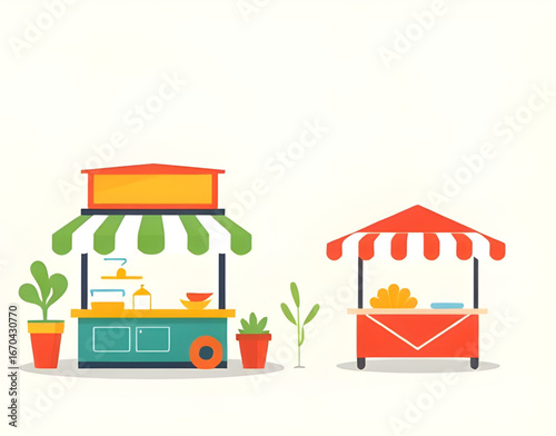 food stall illustration, retail vendor cart, mobile kiosk shop, handmade goods stall, traditional vendor booth, urban market stand, street hawker vector, fair stall illustration