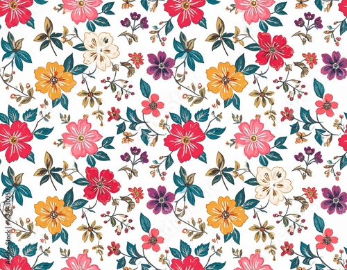 Vibrant HandPainted Floral Medley with Bold Red Pink and Yellow Blooms.