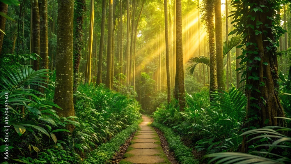 Fototapeta premium Lush green tropical forest with towering trees and dense foliage, a narrow winding path illuminated by golden sunlight rays breaking through canopy