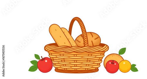 basket, food, vector, illustration, picnic, fruits, vegetables, grocery, meal, basketful, healthy, fresh, market, snack, organic, natural, lunch, container, wicker, farming, nutrition, culinary, kitch