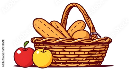 basket, food, vector, illustration, picnic, fruits, vegetables, grocery, meal, basketful, healthy, fresh, market, snack, organic, natural, lunch, container, wicker, farming, nutrition, culinary, kitch