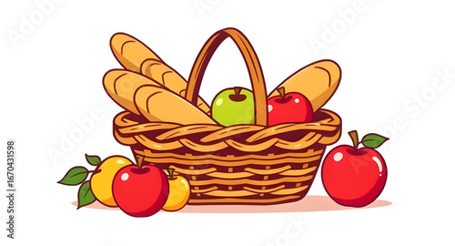basket, food, vector, illustration, picnic, fruits, vegetables, grocery, meal, basketful, healthy, fresh, market, snack, organic, natural, lunch, container, wicker, farming, nutrition, culinary, kitch