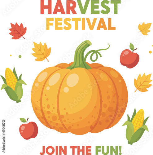 A vibrant illustration promoting a Harvest Festival featuring a large pumpkin and autumn elements.