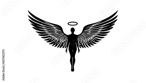 An artistic rendition of a silhouette angel with majestic wings, symbolizing hope, protection, and spiritual guidance.