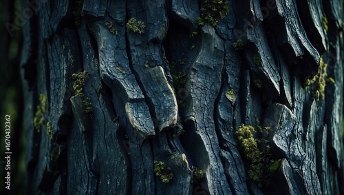 Close up of deeply textured ancient tree bark with moss and shadows creating a mysterious natural pattern