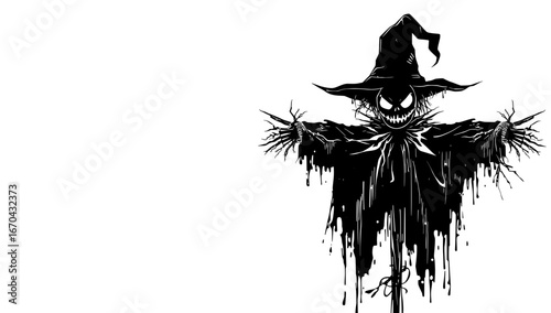 A haunting scarecrow illustration on an isolated background. The artwork depicts a figure of scarecrow with ominous hat and eerie smile.
