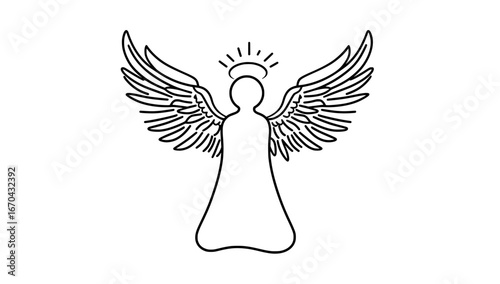 A simple and elegant line drawing of an angel. Capturing purity and serenity, with halo, wings and long flowing robes. 
