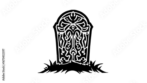 An artistic representation of a grave, rendered in a bold, minimalist black-and-white aesthetic. The image conveys a sense of finality and reflection.