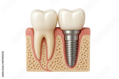 Dental implant replacing a missing tooth inside gums and bone, transparent background