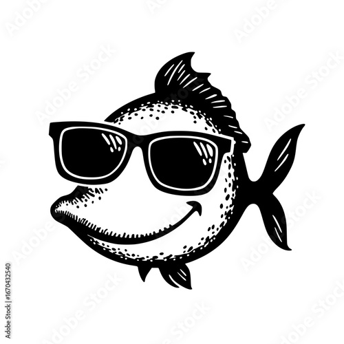 A stylized cartoon illustration of a cheerful fish wearing sunglasses, a symbol of coolness and playfulness.