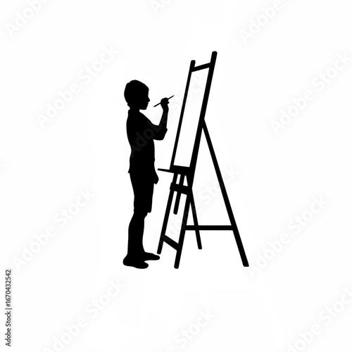 Young artist paints canvas instead of smoking silhouette isolated on white background