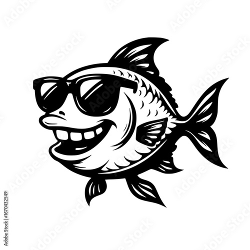 A cool fish sports sunglasses and a toothy grin, conveying carefree fun.