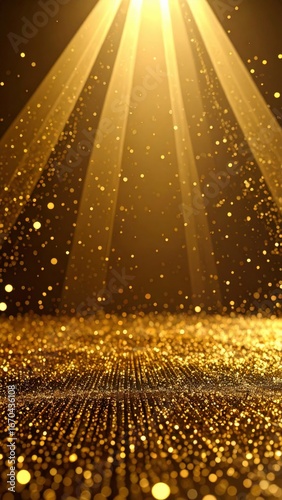 Ethereal Golden Spotlights Showering a Stage with Glittering Bokeh Particles.