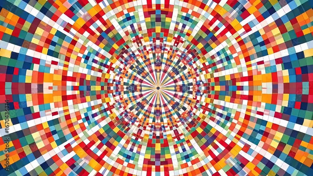 Abstract watercolor image with kaleidoscopic pattern of colorful squares radiating