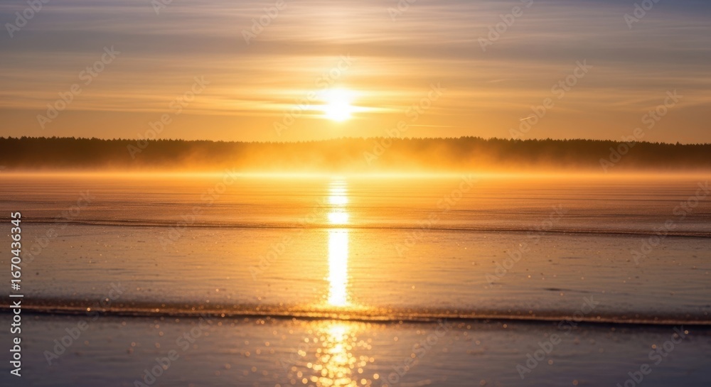 Obraz premium Golden Sunrise Over a Frozen Lake Reflecting Light