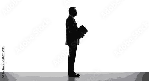 Silhouette of a confident businessman holding a folder in formal attire standing tall
