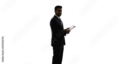 Silhouette of a confident businessman reviewing documents on a clean background