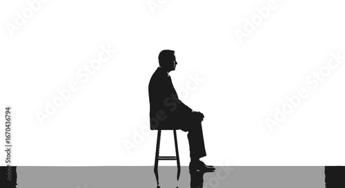 Silhouette of a contemplative businessman sitting on a stool against a stark white backdrop