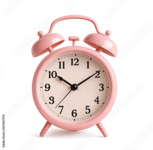 A pink alarm clock shows the time on a black background