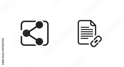Symbolic icons for document linking and content sharing isolated on white background