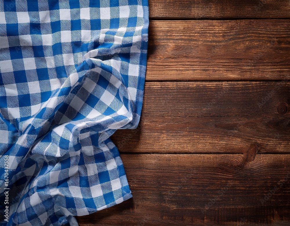 Obraz premium blue checkered tablecloth draped over weathered wooden table from top view showcasing deep blue and light blue squares with rustic wood background