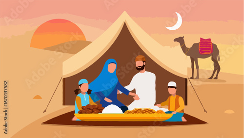 Muslim family enjoying a meal inside a tent in the desert