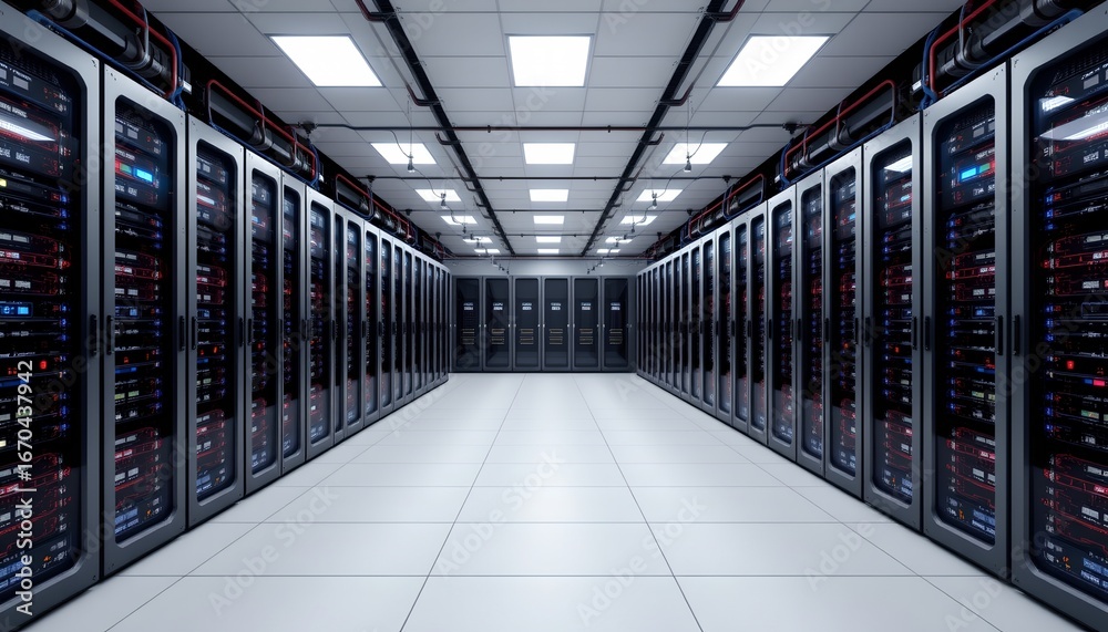Fototapeta premium top view of a modern interior server room with puter racks filled with servers, hosting, and cloud storage, dark cyber network connections visible, 3d rendering in flat design style