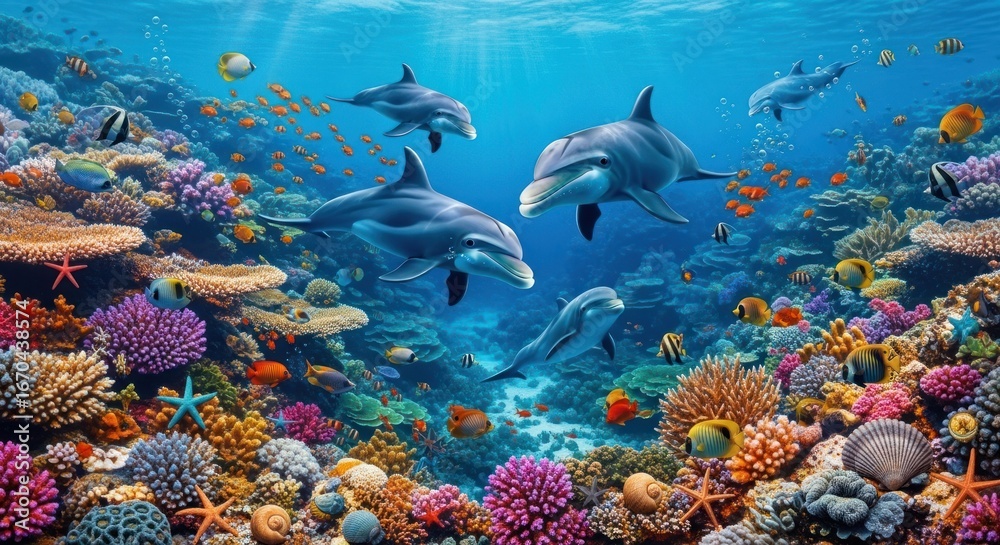 Obraz premium Vibrant Coral Reef Teeming with Graceful Dolphins and Diverse Tropical Fish in a Pristine Underwater Ecosystem