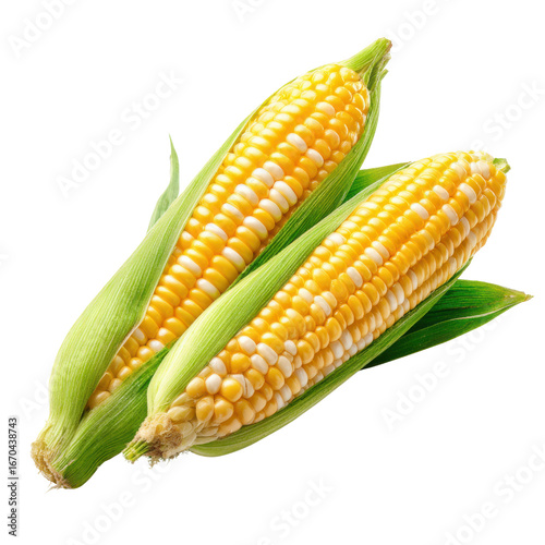Two fresh ears of bi-color sweet corn with green husks isolated on black maize bi-color corn, Isolated On White, Png Transparent, Cut Out