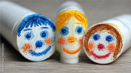 Cylindrical tubes with child-like drawings of faces on the ends, blue, yellow, and brown hair