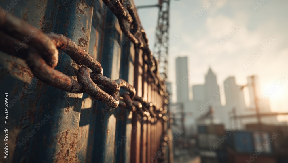 Naklejka premium Rusty chains securing shipping containers in a city