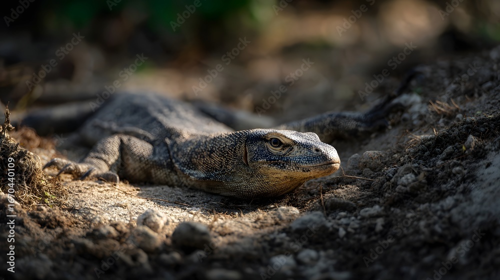 Obraz premium Monitor lizard crawling across sunlit ground displaying reptilian threat